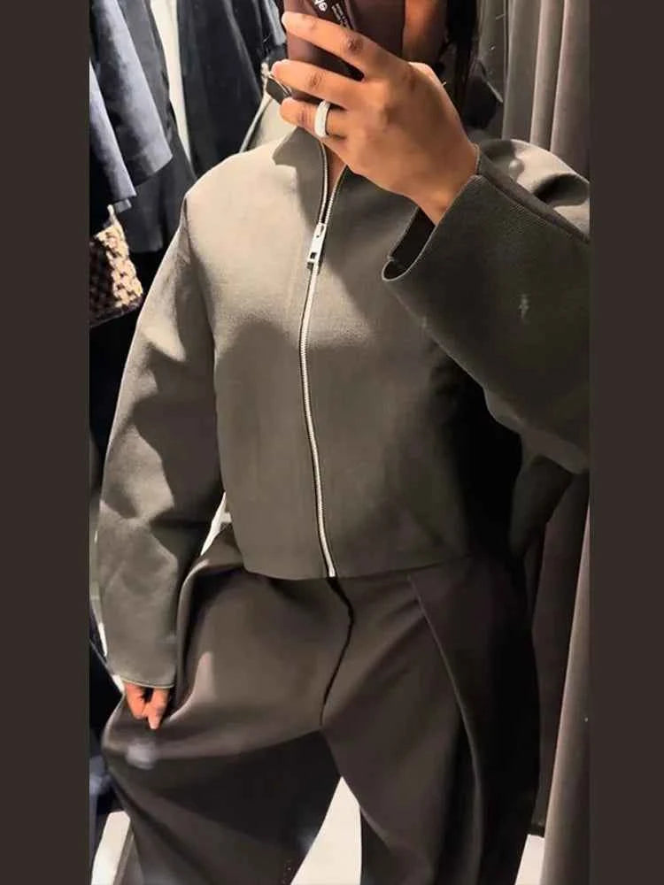 Vintage Stand Collar Women's Cropped Jacket Zipper Loose Full Sleeve Thick Warm Coat 2025 Autumn Winter Lady New in Outwear