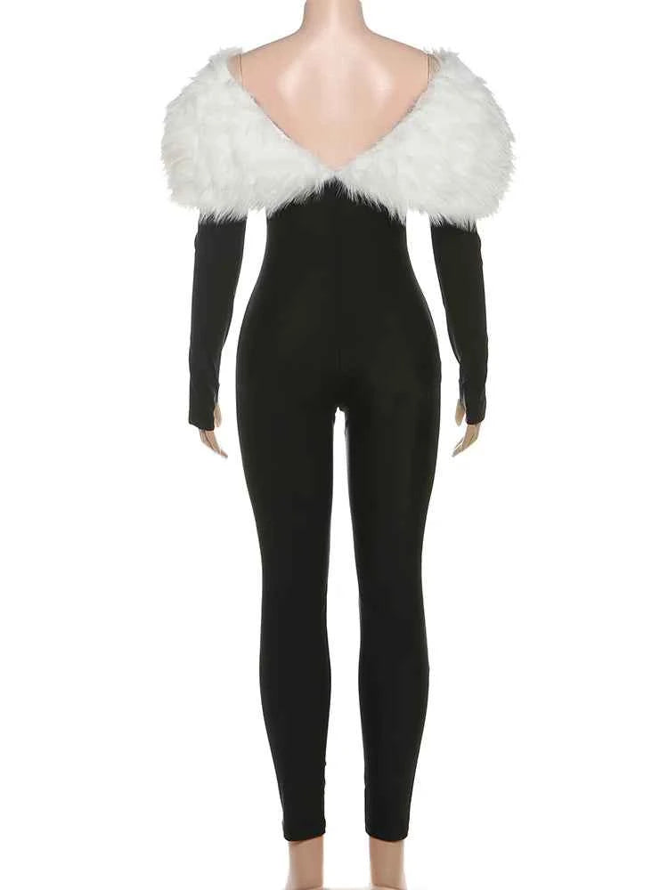 Weird Puss Furry Slash Neck Jumpsuits Woman Luxury Hipster Patchwork Trend Sexy Hollow Stretch Fitness Club Activity Overalls