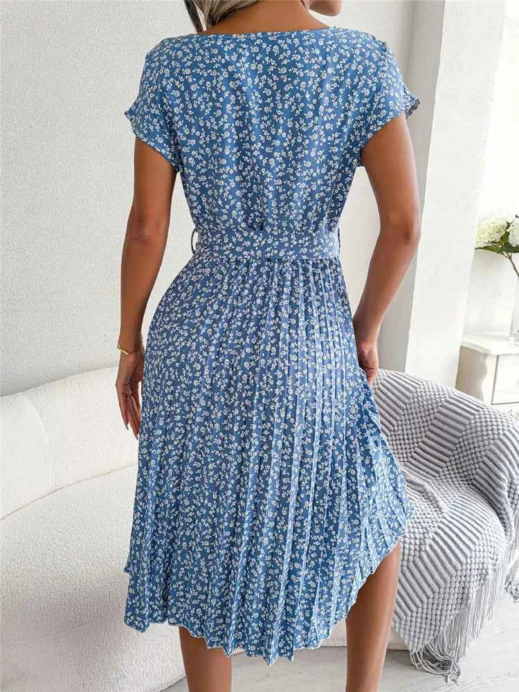 Ficusrong Fashion Floral Pleated A Line Long Dress Women Spring Summer Short Sleeve High Waist Chic Dress