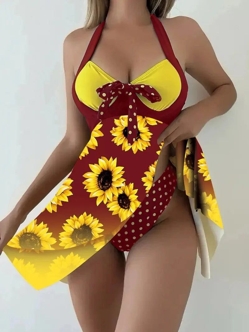 New 2025 Women's Two-Piece Bikini Set Yellow Sunflower Print Maxi Dress Style Swimsuit Floral Patterned Separate Swimsuit