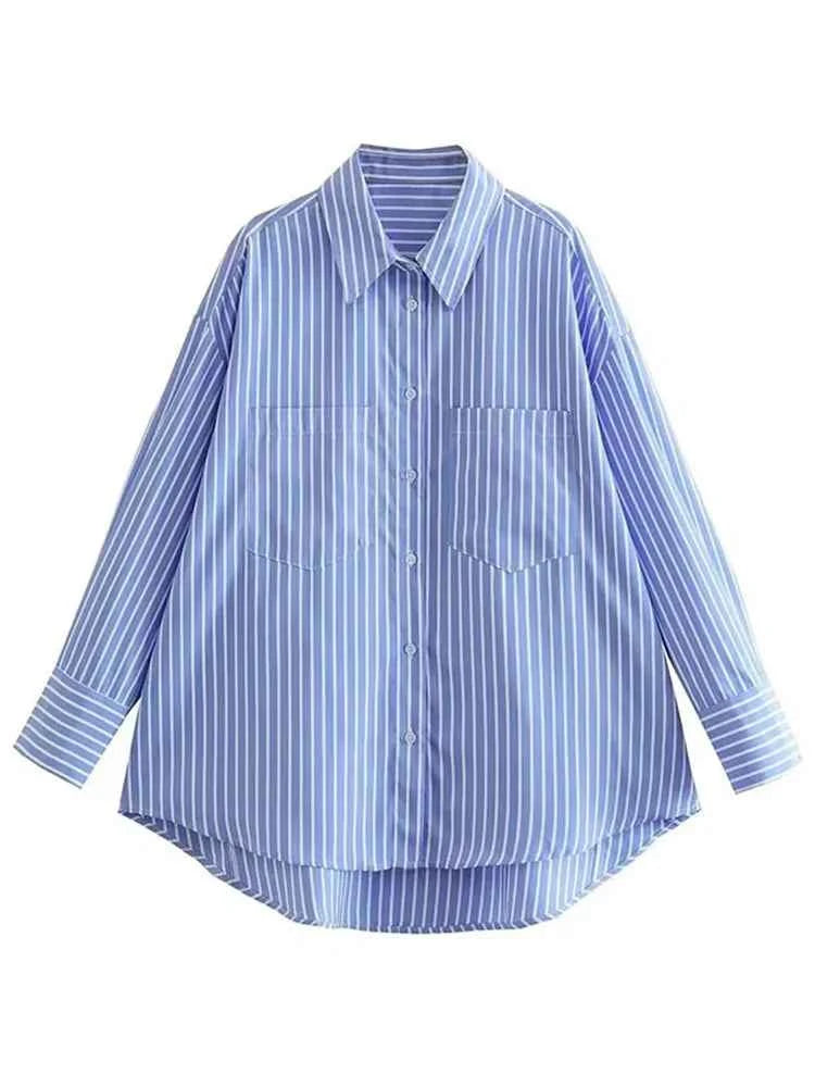 Women 2025 Pocket Stripe Printed Shirt Fashion Single Breasted Vintage Long Sleeve Spring Autumn Causal Elegant Loose Tops