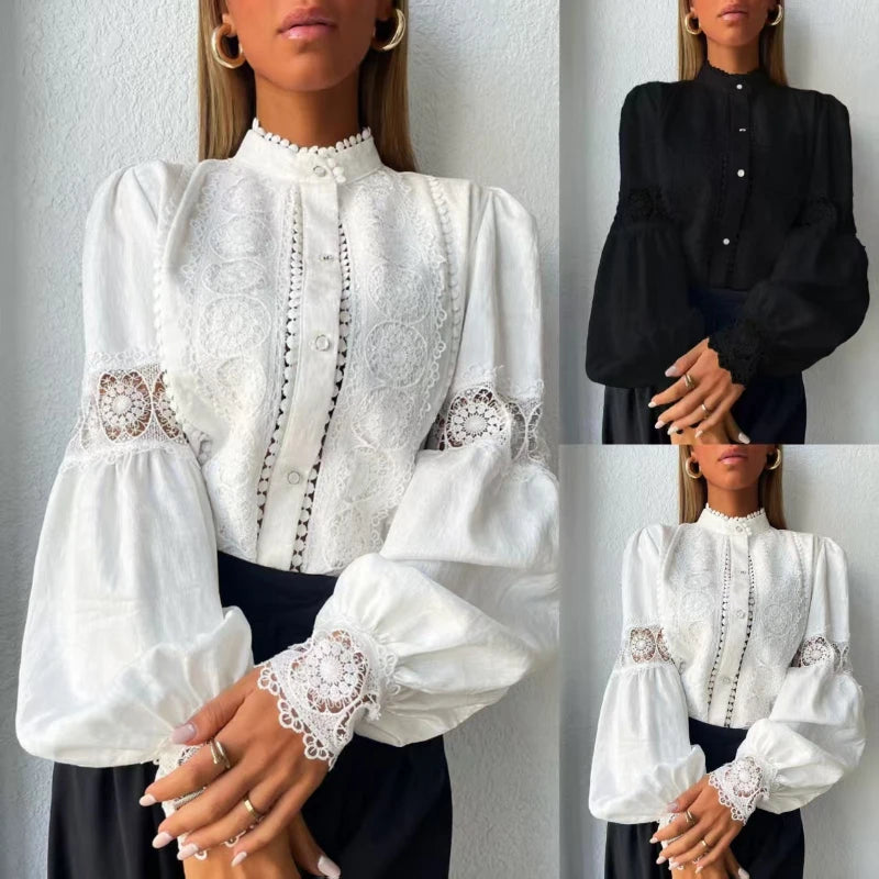 White Lace Blouses Women Elegant Solid Casual Lace and Button Hook Flower Hollow Puff Sleeves Blouse Top Lady Office Shirts