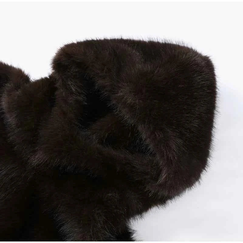 Women Solid Faux Fur Hooded Pullover Casual Full Sleeve Warm Loose Thick Tops Lady New Daily Chic Elegant Winter Outwear 2025