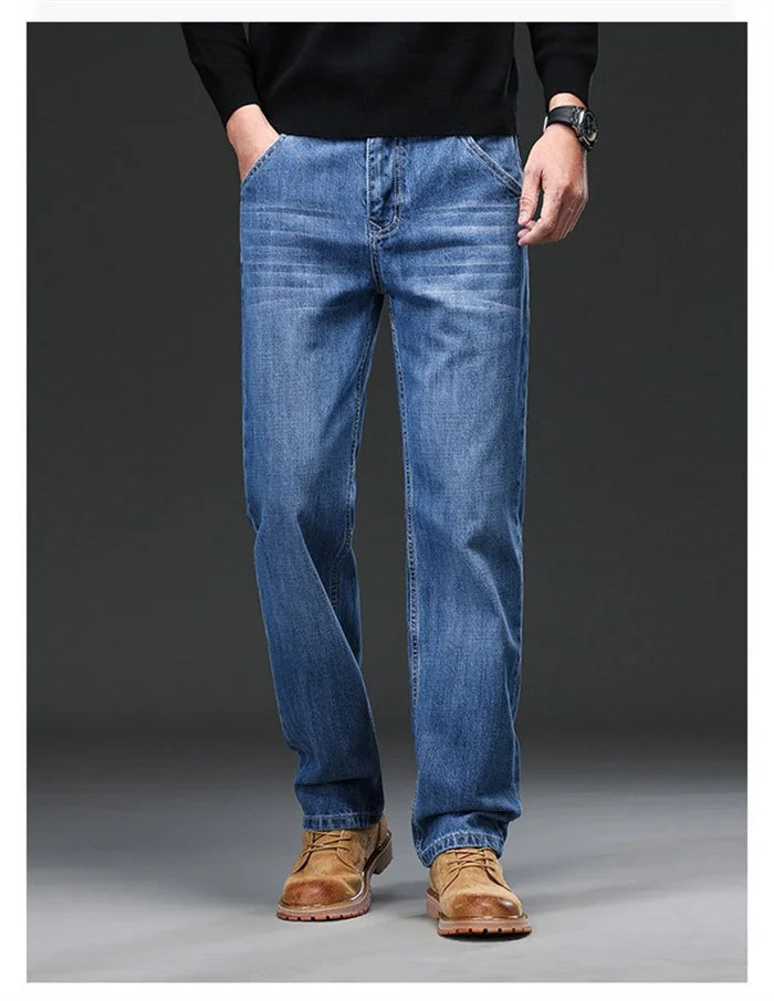 2026 Men Jeans 100% Cotton Thick Straight Plus Big Size 42 44 46 48 140KG Loose Classic Black Denim Trousers Casual Pants