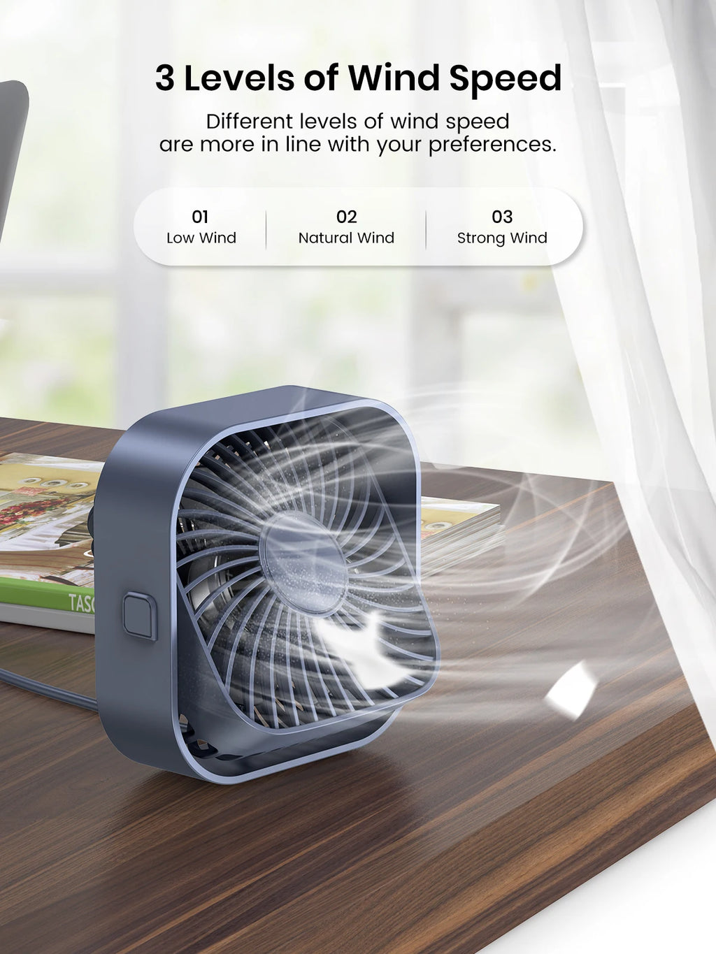 TOPK USB Desk Fan,Strong Airflow &Quiet Operation,Three-Speed Wind Small Fan,360° Rotatable Head for Home Office Table & Deskto