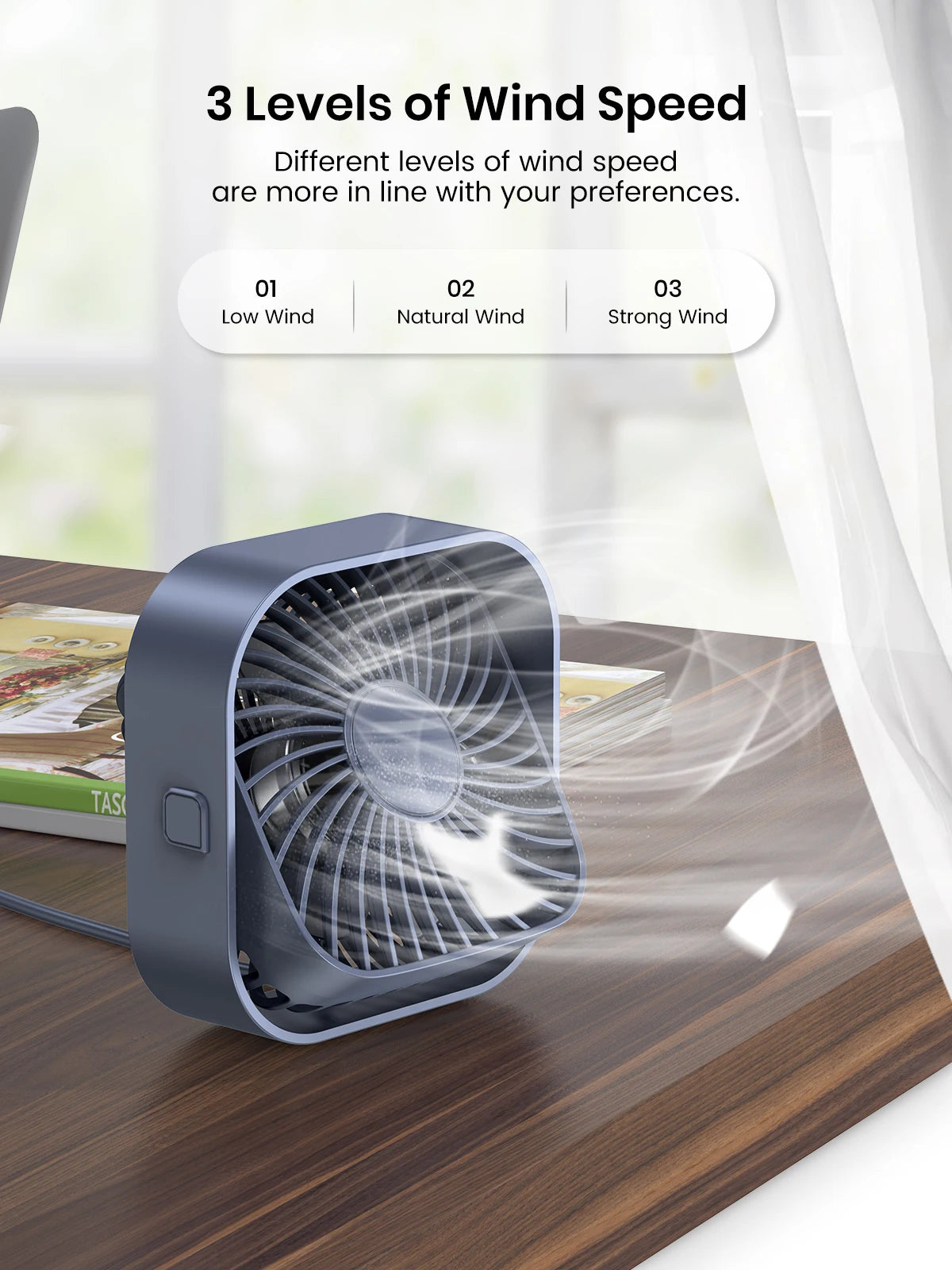 TOPK USB Desk Fan,Strong Airflow &Quiet Operation,Three-Speed Wind Small Fan,360° Rotatable Head for Home Office Table & Deskto