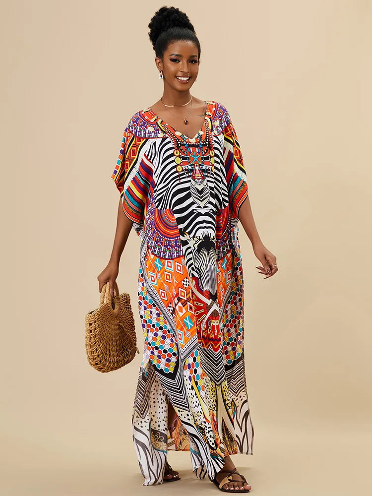 EDOLYNSA 2023 Bohemian Printed Loose Kaftan Casual Summer Vacation Maxi Dress Women Clothing Beach Wear Swim Suit Cover Up Q1469