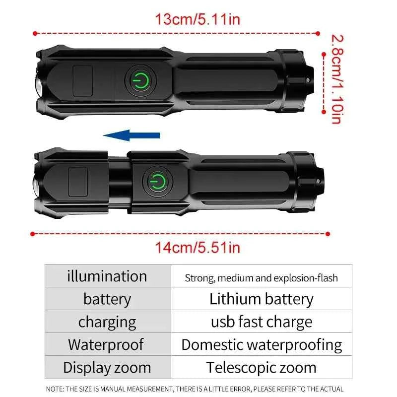 High Strong Flash Light Portable Rechargeable Spotlights High Power LED Flashlight Camping Ultra Powerful Flashlight Lamp Work