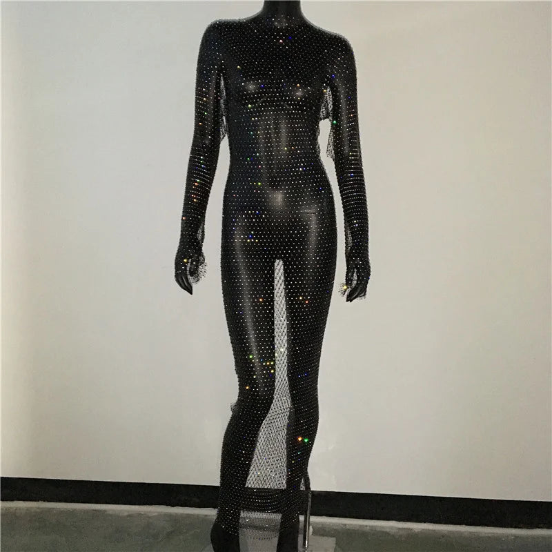 Y2K Sexy Shiny Rhinestones Grid Fishnet Dress Long Sleeve Hollow Out Side Slit Dress Beach Cover Up Breathable Lady Vestidos
