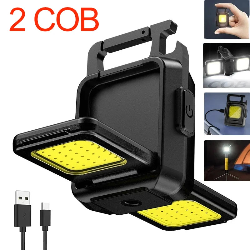 Mini LED Flashlight Keychain Light Double COB Lights USB Rechargeable Work Lights Fishing Lanterna with Magnet Built-in Battery