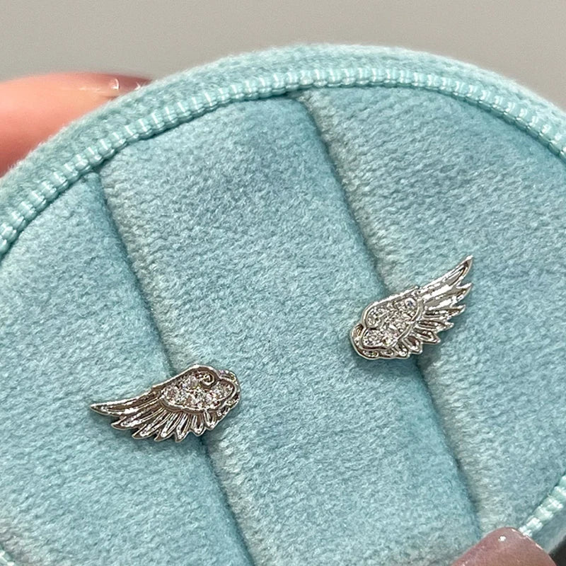 Fashion Zircon Wing Stud Earrings for Women Luxury Shiny Crystal Creative Angel Wings Cross Silver Color Ear Studs Jewelry Gifts