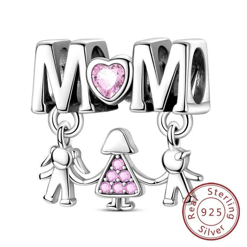 Original 925 Sterling Silver Charm Bead Mother's Day Love Heart Family Charm Bead Pendant Fits Bracelet Womens Jewelry Gifts