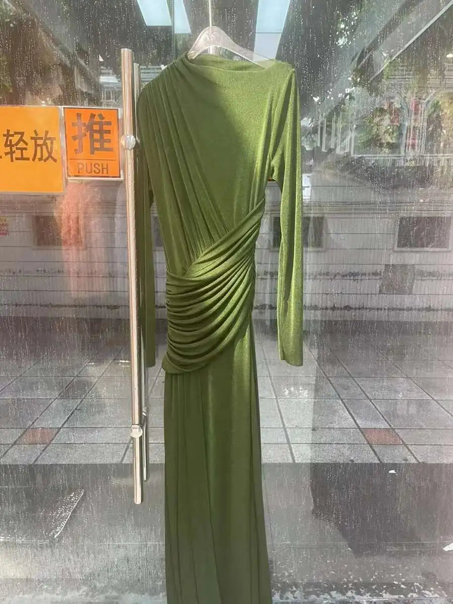 QMQA Fashion Women's Asymmetric Pleated Elegant Dress Solid Color Long Sleeve High Waist Slimming Party Dresses 2025 New QM519