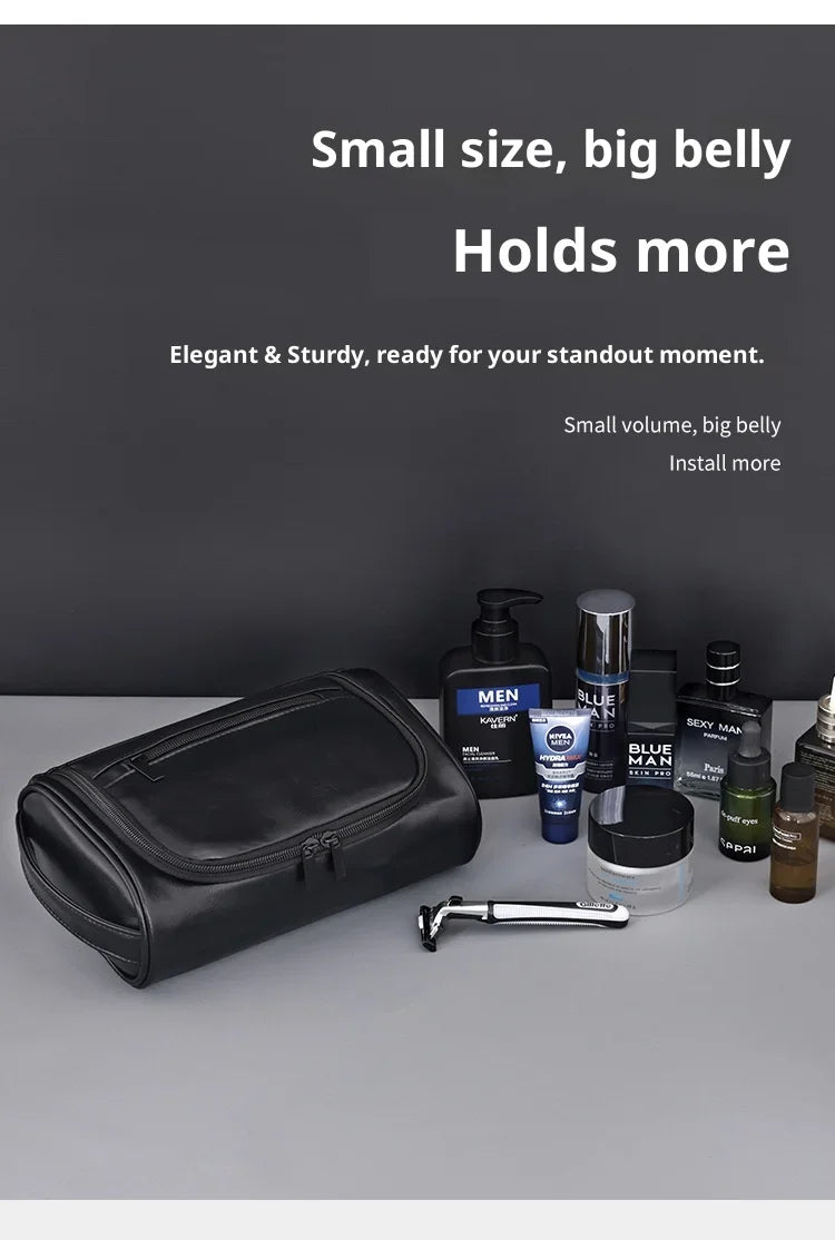 Large Capacity Men Leather Wash Bag Travel Business Trips Portable Cosmetic Bag Multi Pocket Design Handheld Leather Wash Bag LI