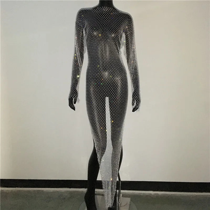 Y2K Sexy Shiny Rhinestones Grid Fishnet Dress Long Sleeve Hollow Out Side Slit Dress Beach Cover Up Breathable Lady Vestidos