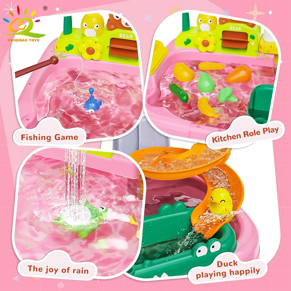 Electric Kitchen Play Set for Kids, Sink, Fishing Slide Water Park, Family Role-Playing Games, Early Learning Toys for Babies