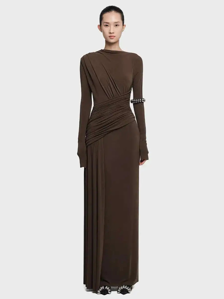 QMQA Fashion Women's Asymmetric Pleated Elegant Dress Solid Color Long Sleeve High Waist Slimming Party Dresses 2025 New QM519