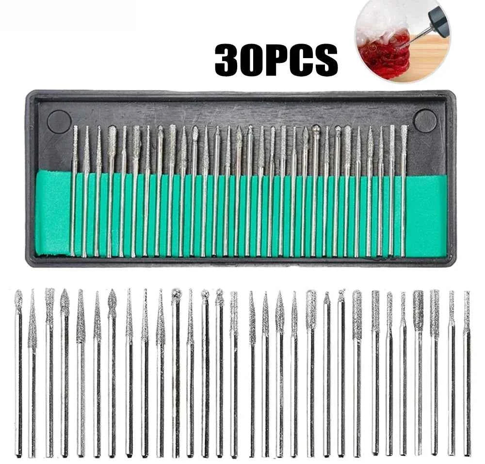 30pcs Diamond Burr Set with Case – 2.35/3mm Shank for Dremel & Rotary Tools, High Abrasive Grinding Polishing Drill Bits