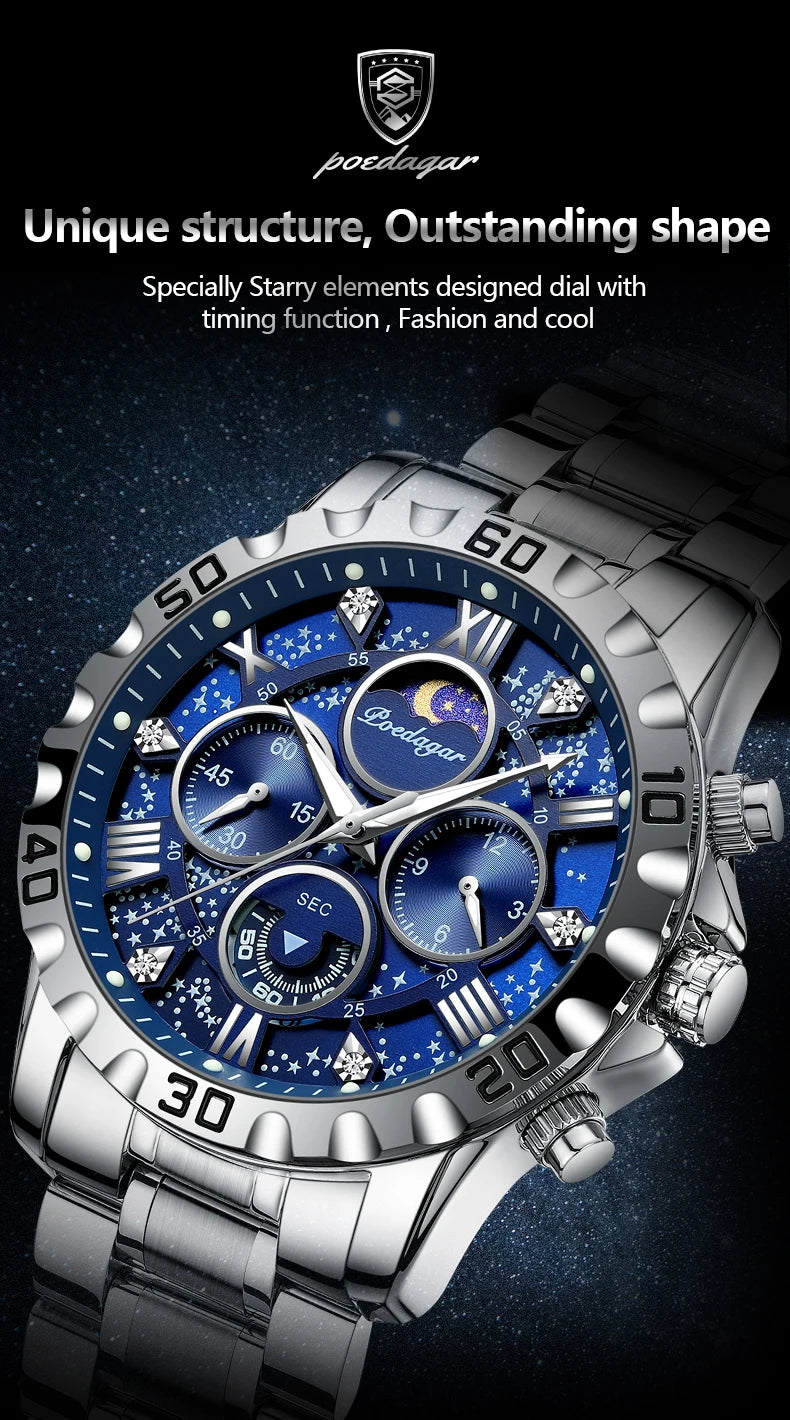 POEDAGAR Luxury Fashion Man Watch Waterproof Luminous Chronograph Men Watch Stainless Steel Sports Military Quartz Men's Watches