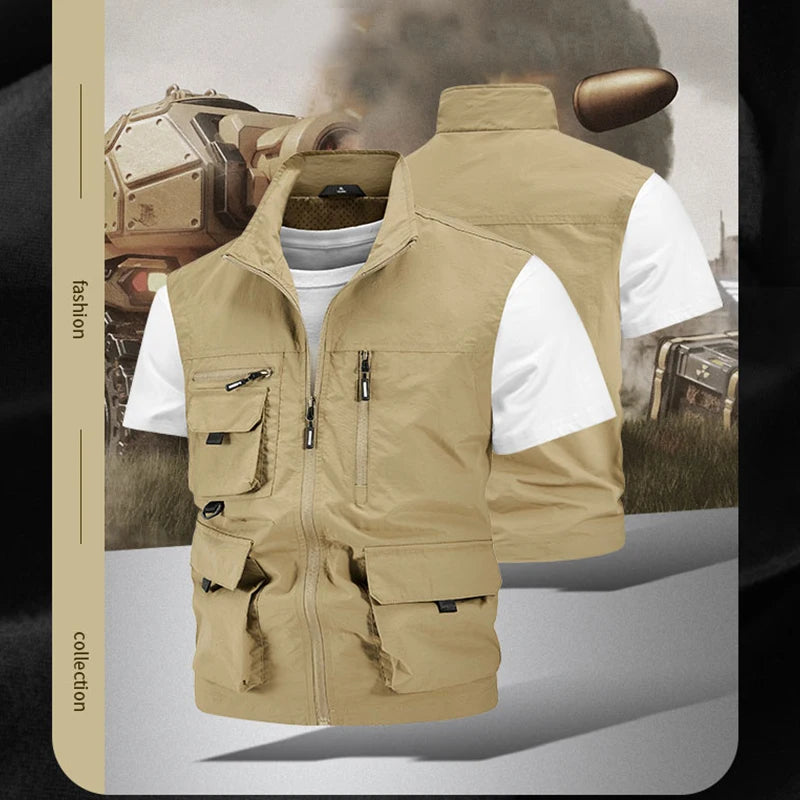 2024 Summer Men Sleeveless Fishing Tool Webbed Breathable Vest Men Many Pocket Outdoors Camping Thin Lightweight Loose Vest Male