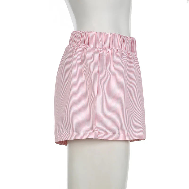 Striped Print Casual Shorts for Women Elastic Waist Fashion Button Bottoms Streetwear Chic Basic Y2K Loose Shorts