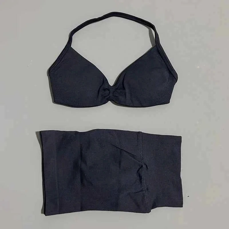 HISTELLO Gym Set 2 Piece Women Strappy Yoga Bra Top Workout Scrunch Shorts Sports Suit Fitness Clothes Seamless Yoga Set