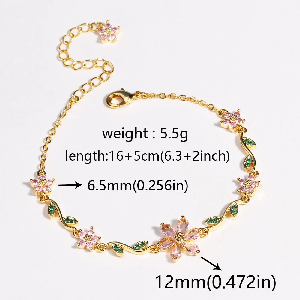 Luxury New Fashion Exquisite Green Leaf Flower Bracelet For Women Pink Cubic Zirconia Chain Shiny Rhinestone Bangle Jewelry