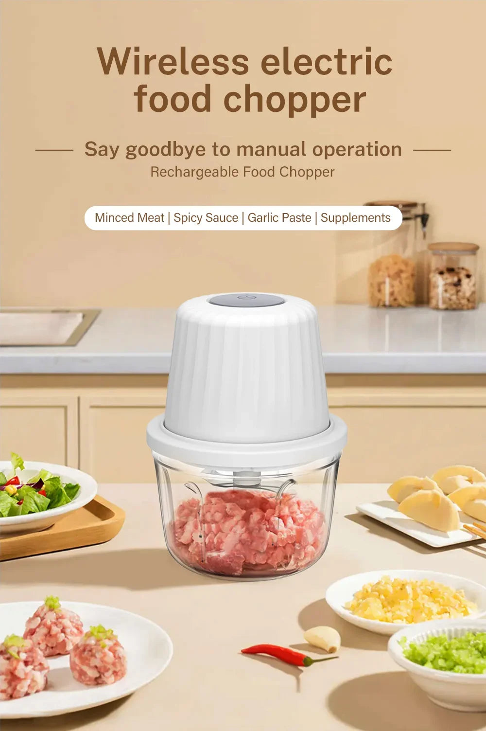 Portable Electric Garlic Mincer 400ML with 6 Blades - USB Charging Mini Vegetable Chopper for Home Cooking & Picnics