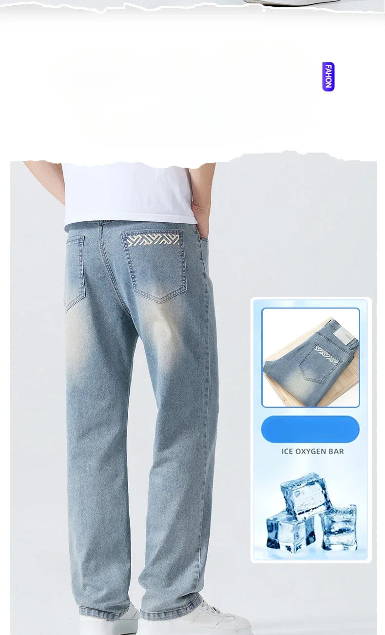Men's Summer Thin Comfortable Jeans, Fashionable and Breathable Business Straight Pants, Loose Retro Casual Denim Trousers