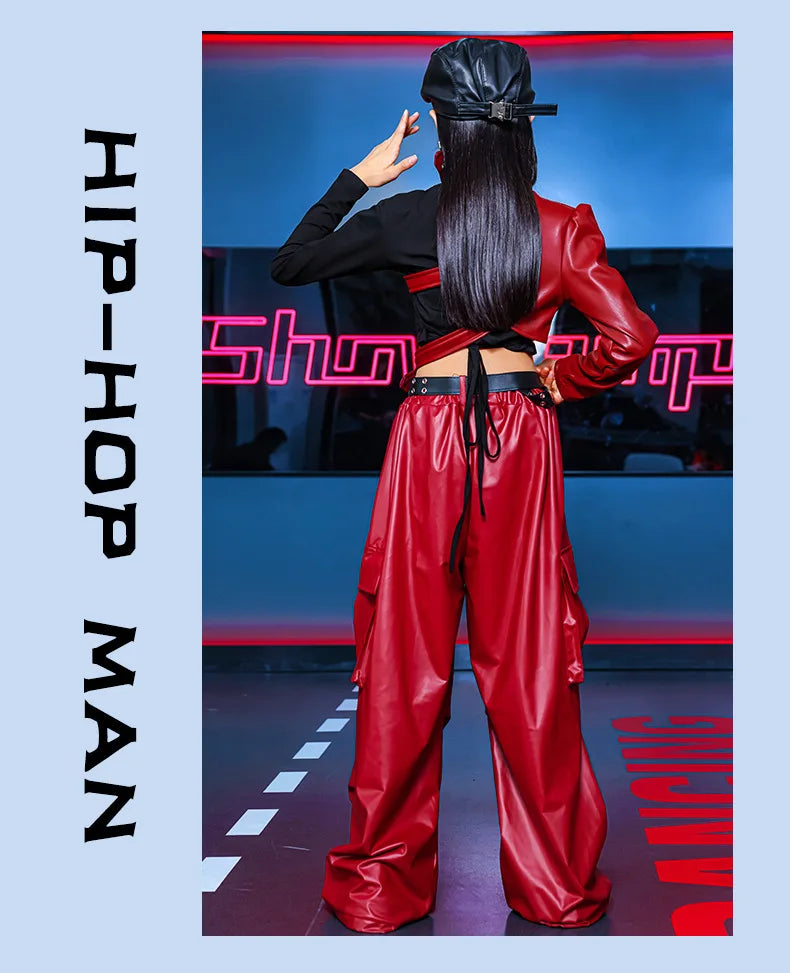 Kid Hip Hop Clothing T Shirt Crop Top Wine Red Arm Sleeve Faux Leather Casual Cargo Pants for Girl Jazz Dance Costumes Clothes
