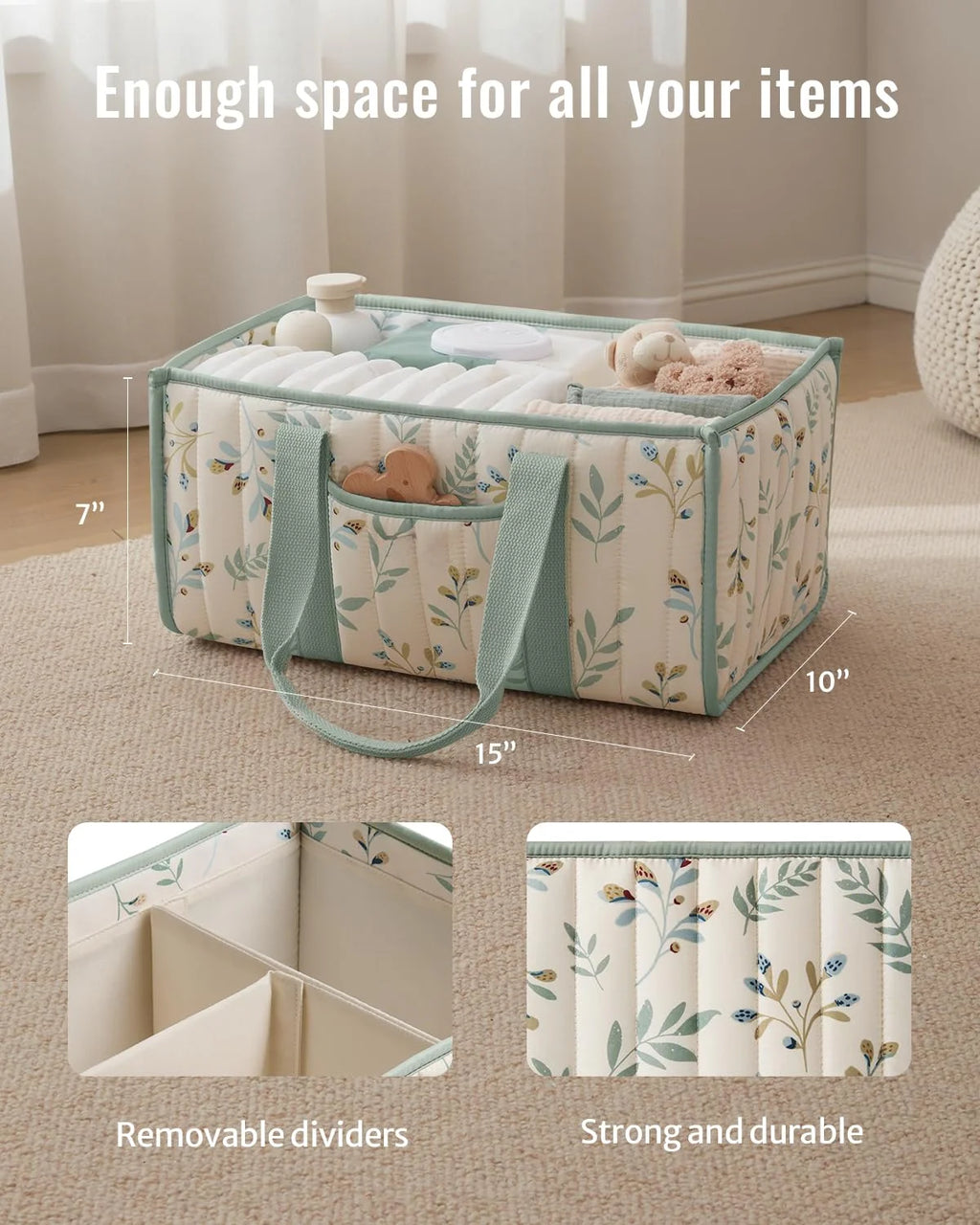 Diaper Caddy Organizer, Stylish Nursery Storage Basket, Gift for Baby Shower, Newborn Essentials, Floral Beige
