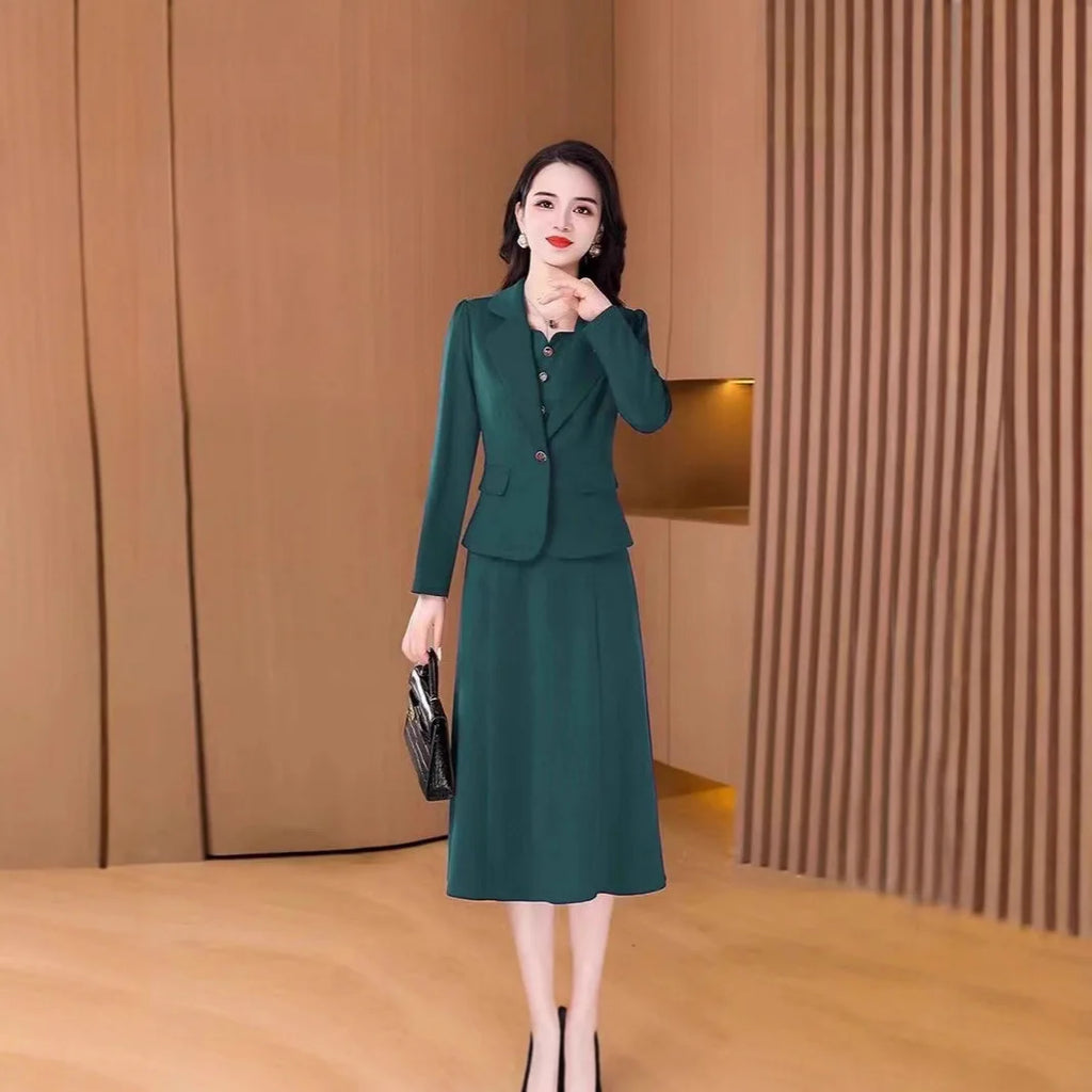 Fashionable Red Two-Piece Set Korean Japanese Style Women's Dress Suit Autumn Spring Lightweight Polyester Commute Style