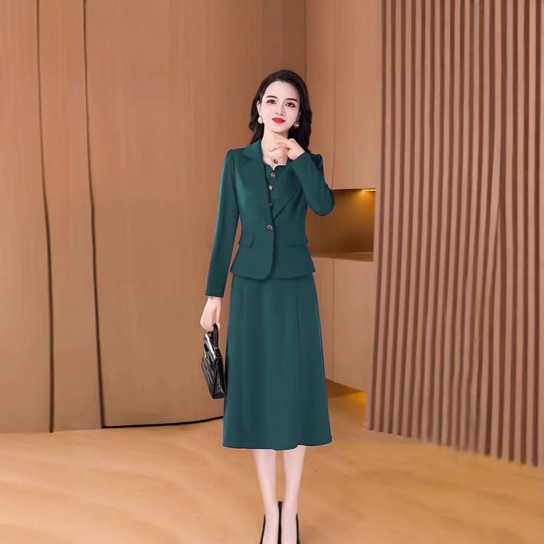Fashionable Red Two-Piece Set Korean Japanese Style Women's Dress Suit Autumn Spring Lightweight Polyester Commute Style