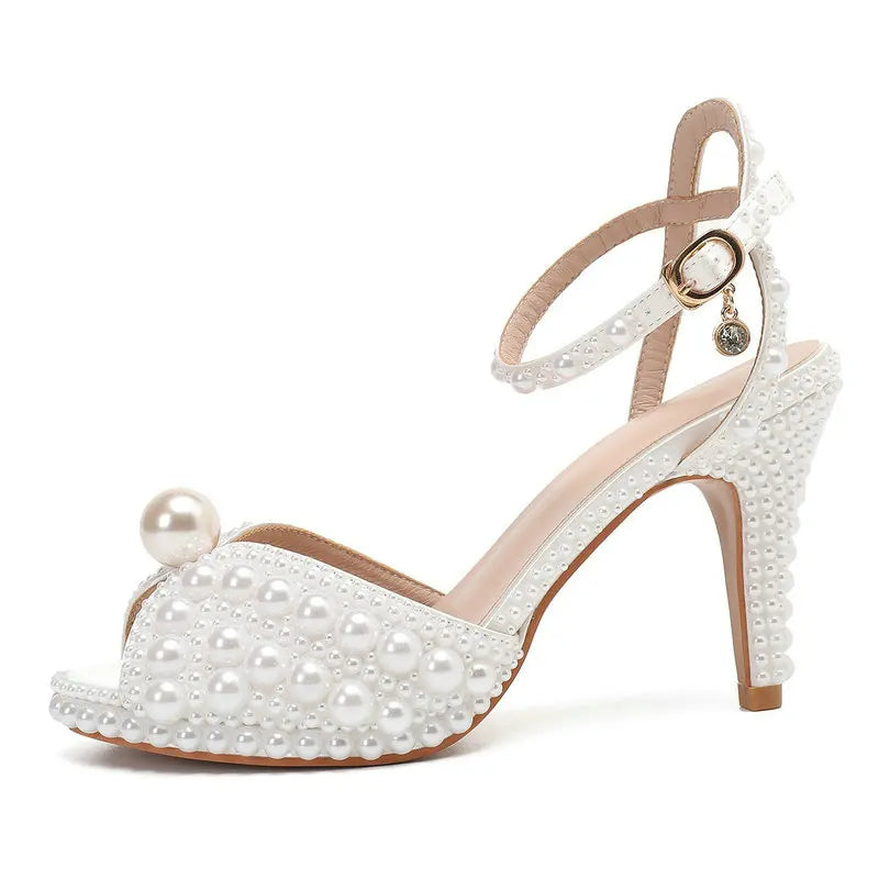 2025 Autumn New Fish Mouth High Heels Waterproof Platform Shallow Mouth 8.5cm Pearl Women'S Single Shoes Bride Wedding Shoes