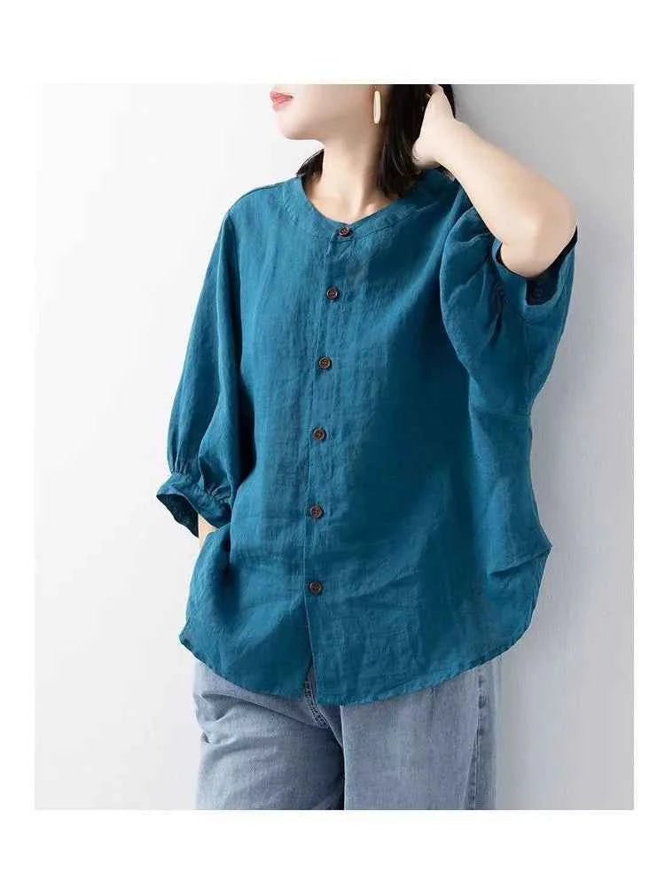 Cotton and linen shirt women's spring and summer thin solid color lantern sleeve stand collar top loose large size shirt