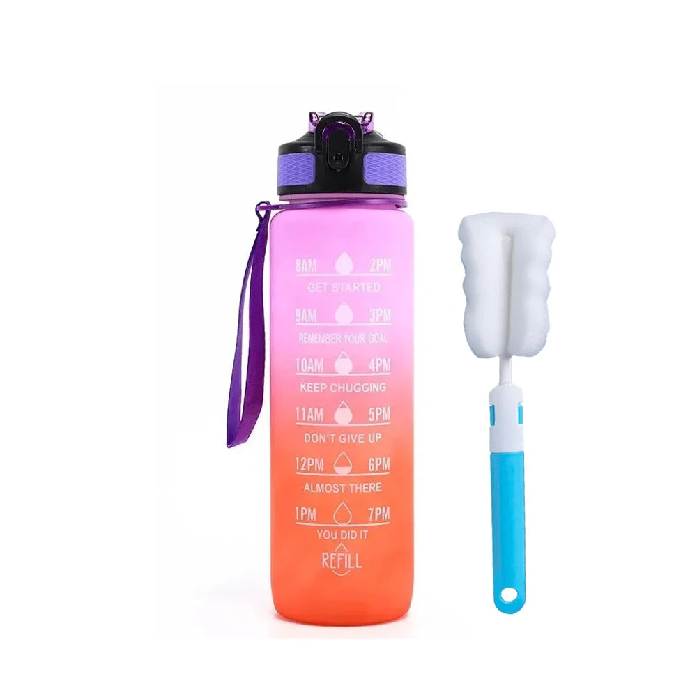 1L Water Bottle With Straw 32oz Water Bottle With Time Marker Motivational Tritan, Bpa Free Leak Proof Water Cup with Brush