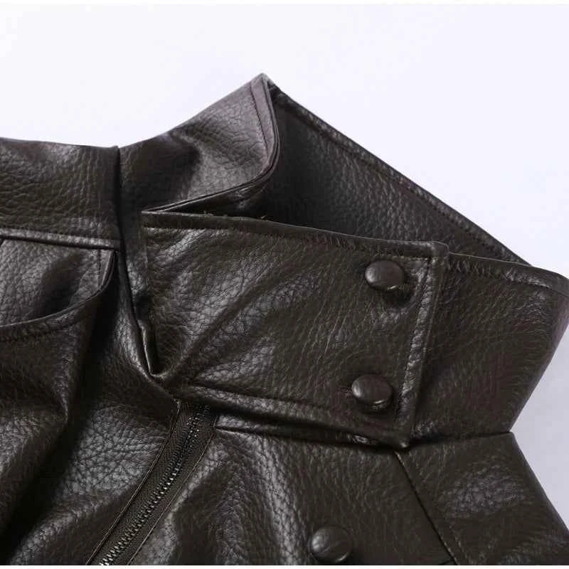 Vintage PU Leather Women's Jacket Stand Collar Zipper Button Coats Female Long Sleeve Outerwear Spring Lady Street Jackets