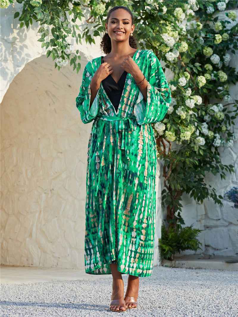 Long Kimono Swimsuit Cover up for Women Stylish Tie Dye Open Front Beach Outfits Bathing Suit