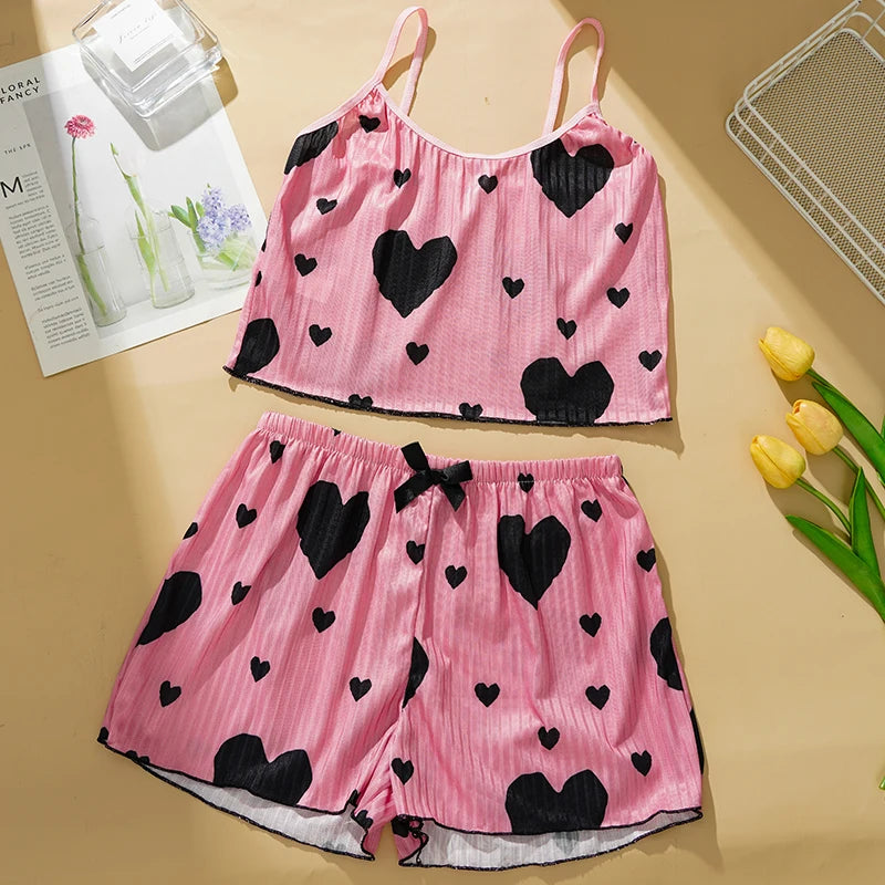 Heart Print 2PCS Home Suit Women's Suspender Shorts Casual Fashion Nightwear Female pajamas Lightweight Love Sleepwear