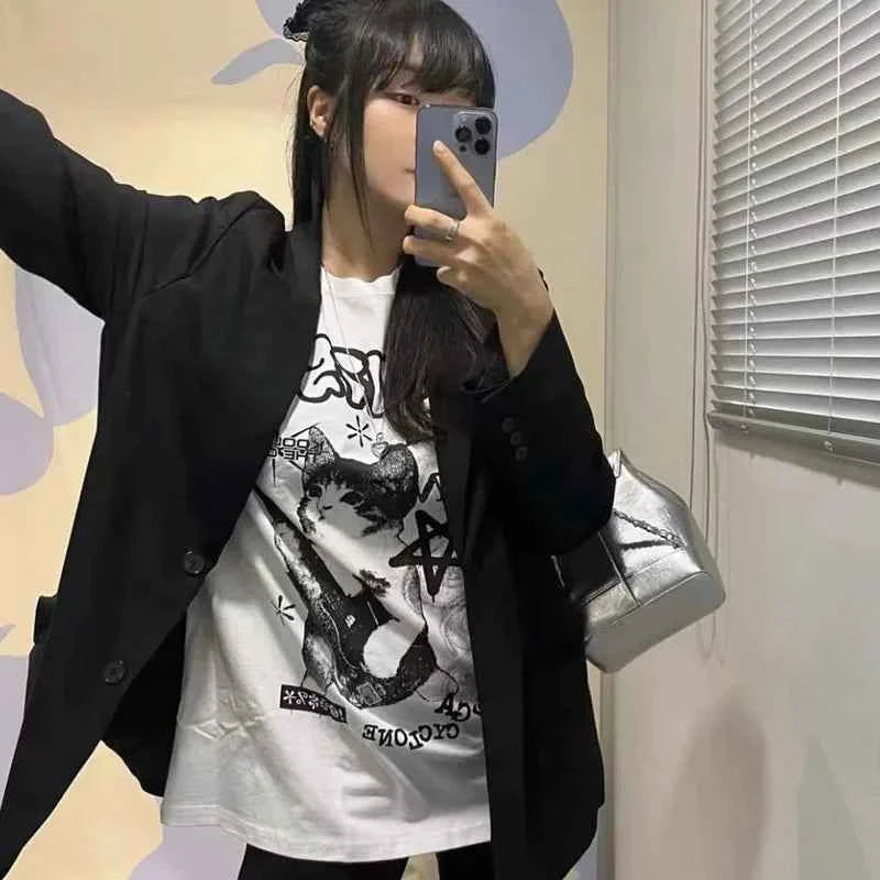 American Cat Rock Guitar Graphic Short Sleeve T-Shirt Loose Korean Fashion Oversized Women's Summer Clothes Y2k Streetwear