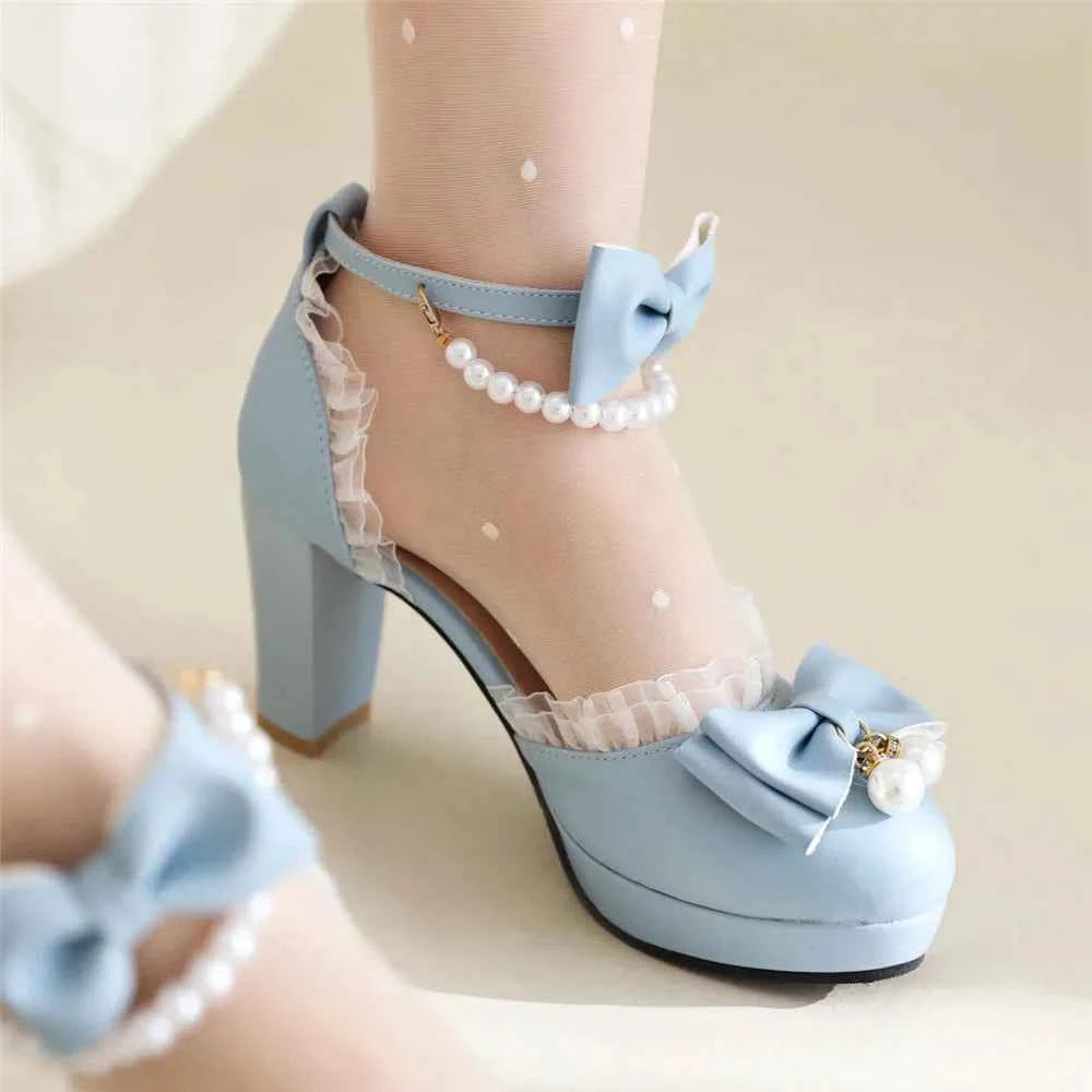 Spring Pearl Ankle Strap Women High Heels Mary Jane Pumps Party Wedding Cosplay White Pink Bow Princess High-heeled Lolita Shoes