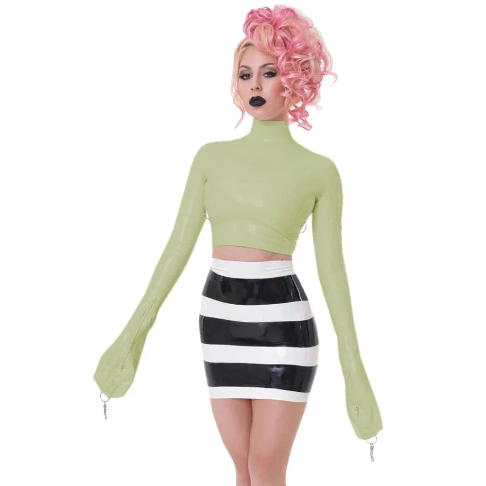 Sexy Crop Tops with Finger High Neck, Slim Skinny Leather, PVC Short Shirts, Vinyl Sexy Top with Lock Key, Club Night
