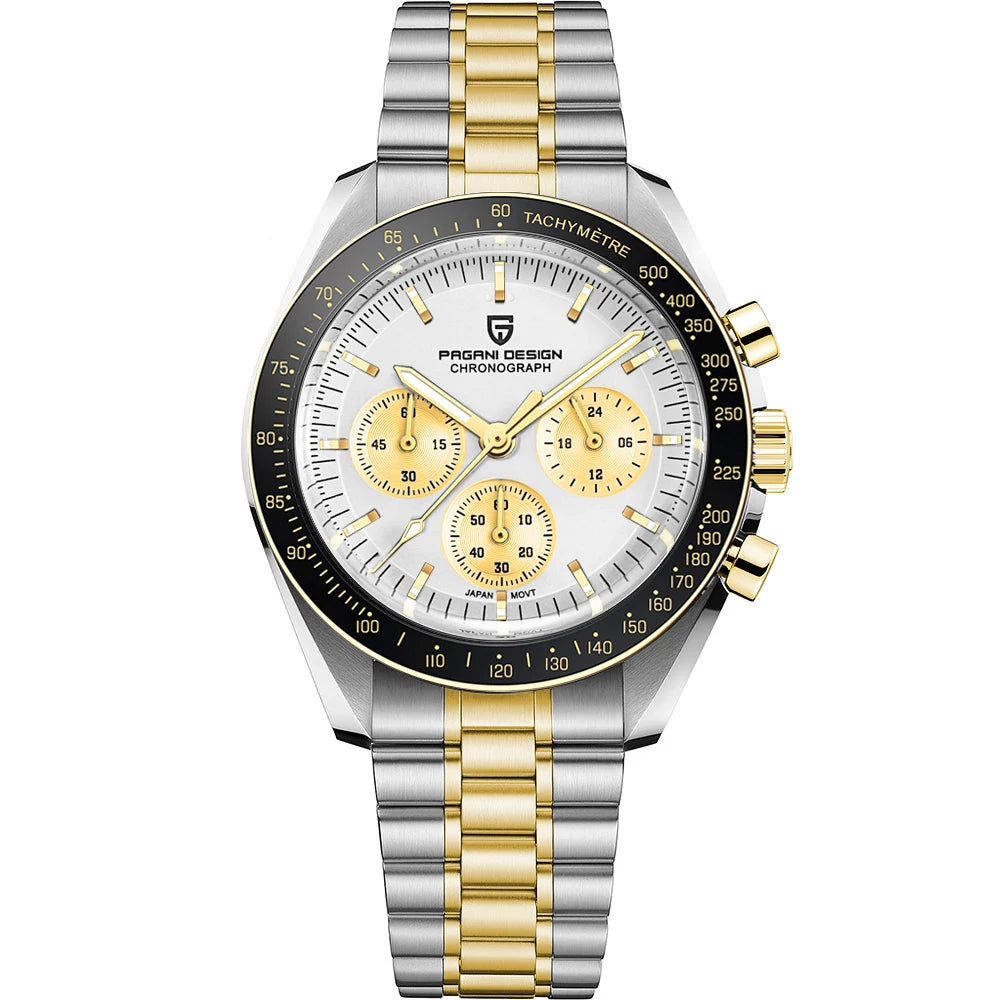 Silver Gold Color Men's Chronograph Quartz Watch With Sapphire Crystal