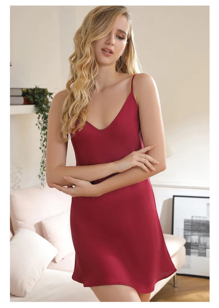 Meet'r Women Summer Sleepwear Sexy Deep V Imitation Silk Nightdress Solid Color Sling Ice Silk Home Clothes Satin Nightgown