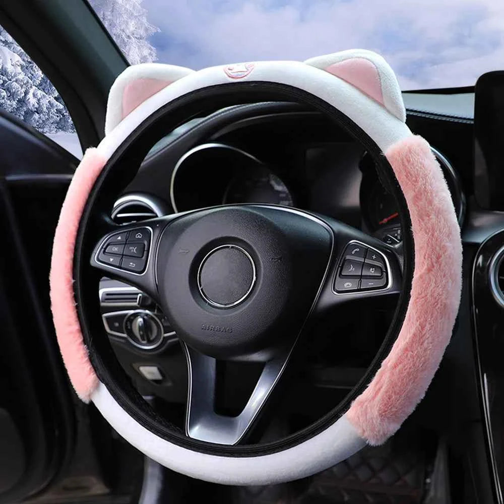 Cute Cartoon Plush Kitten Warm Car without Inner Ring Steering Wheel Cover Car Accessories Suitable for 14.5-15INCH