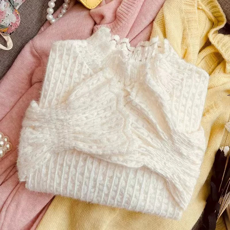 Lace Half Turtleneck Knitted Sweater Women Fall Winter Thick Warm Long Sleeve Pullover Korean Chic Slim Hollow Out Jumper New