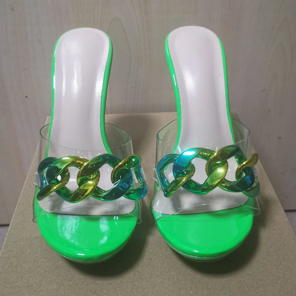 2022 New Diamond Chain Women Pumps Slippers Thin High Heels Party Shoes Fashion Solid Color Summer Dress Sandals Shallow Mouth