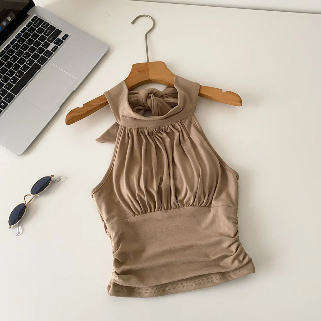 SINGREINY Office Lady Elastic Slim Tank Top Fashion Women Halter Sleeveless Lace Up Solid Short Camis Ruched Backless Sexy Top