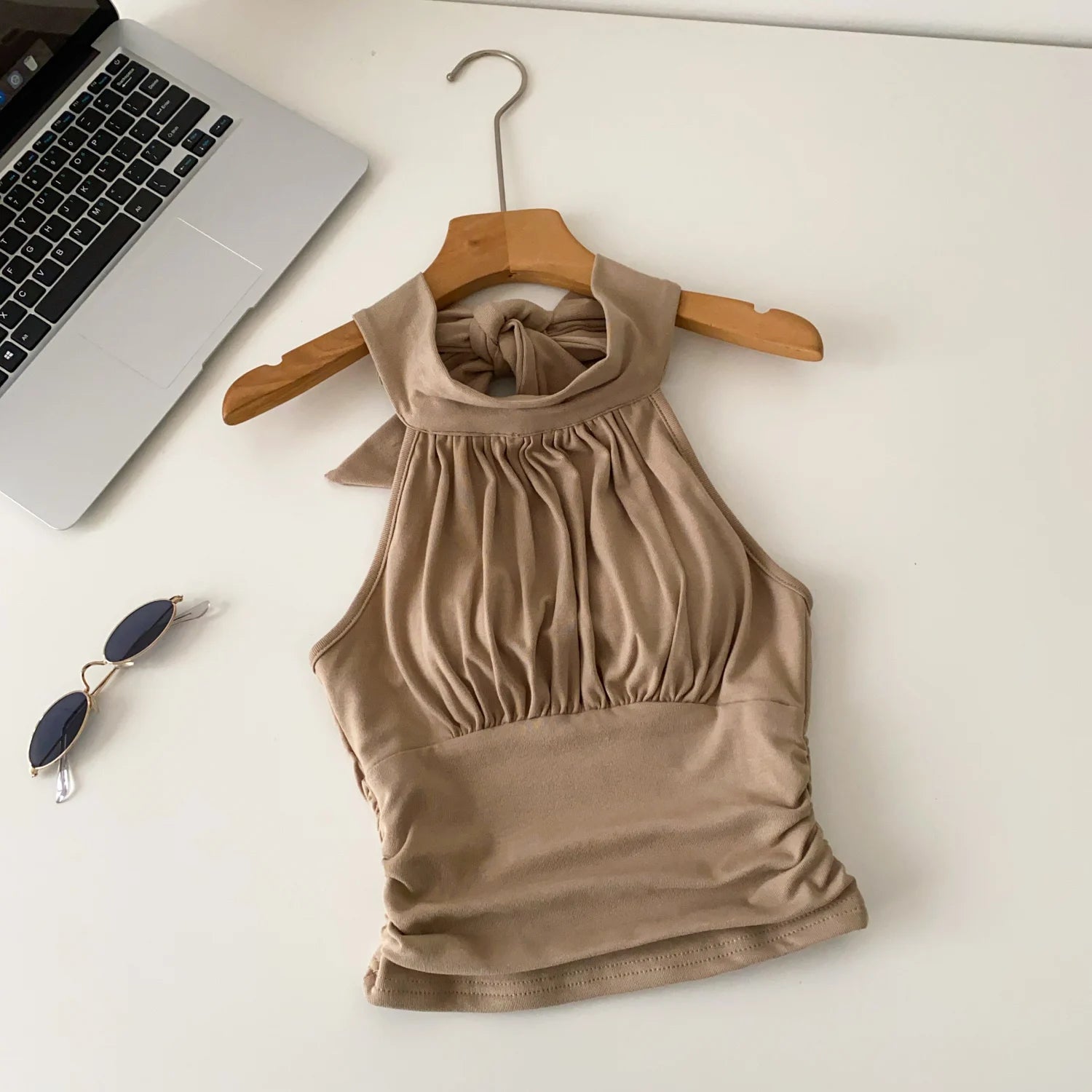 SINGREINY Office Lady Elastic Slim Tank Top Fashion Women Halter Sleeveless Lace Up Solid Short Camis Ruched Backless Sexy Top