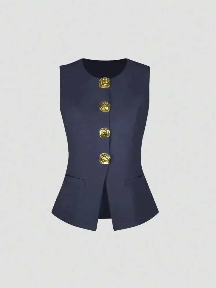 Fashionable Little Fragrance Style Women's Sleeveless round Neck Vest Waist-Cinching Pure Color Cross-Border Women's Jacket